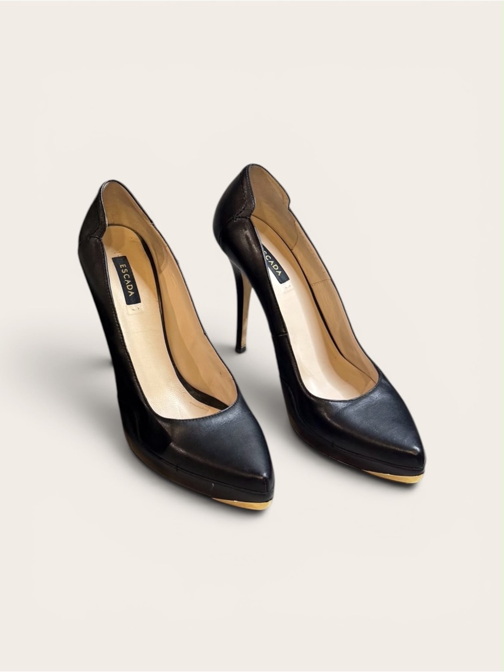 Escada Black Leather Platform Stiletto Pumps Gold Accent